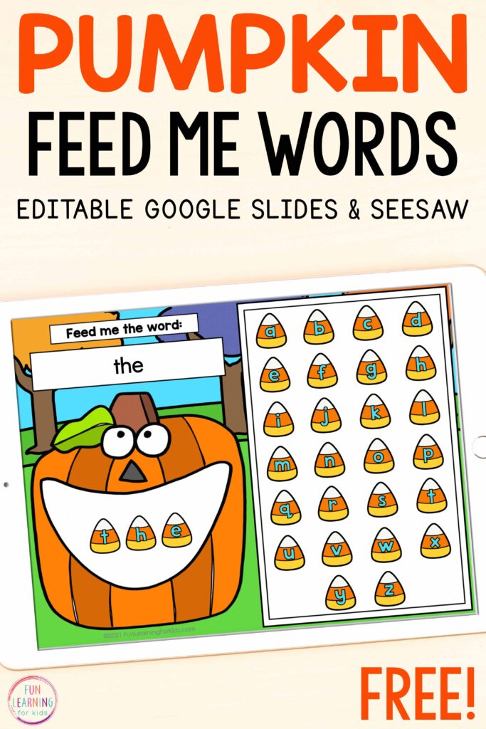 Free pumpkin theme literacy activity for learning to read and spell sight words while using Google Slides and Seesaw.