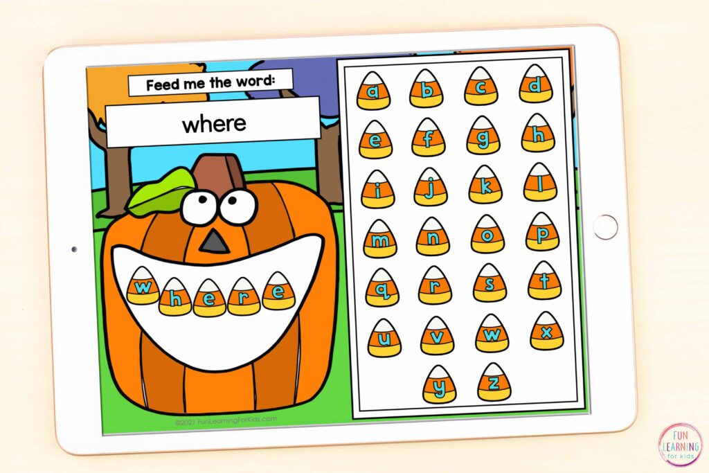 Free digital pumpkin theme word work activity for October or Halloween literacy centers this fall.