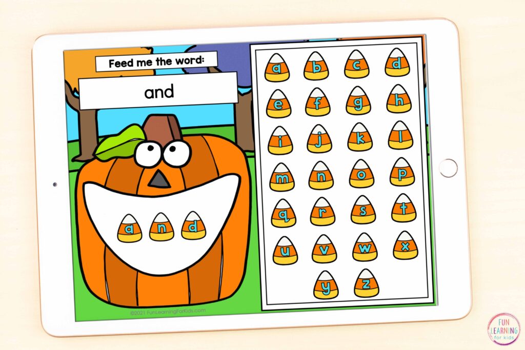 A pumpkin theme digital word work resource for Seesaw and Google Slides. This fun sight word activity is perfect for pre-k, kindergarten, first grade or second grade.