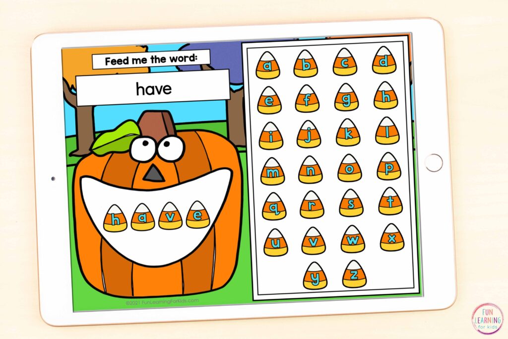 Free word work activity for teaching sight words, CVC words, phonics skills, spelling words and more this fall.