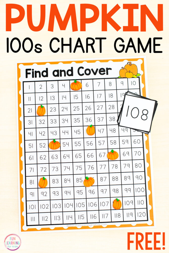 Free pumpkin 100 & 120 chart find and cover number mats for learning to count and identify numbers to 100 of 120 this fall.