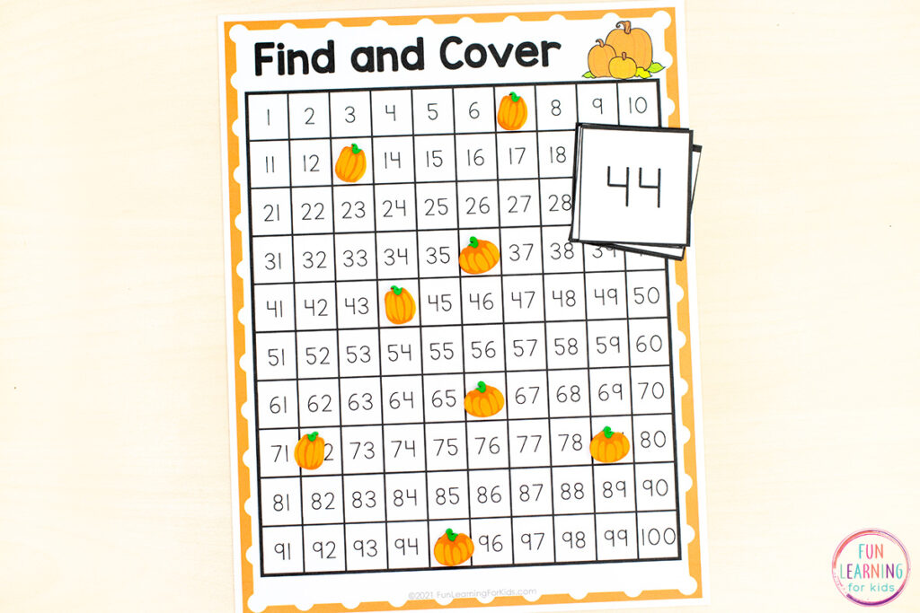 Free printable 100 chart and 120 chart for your pumpkin theme math centers this fall.