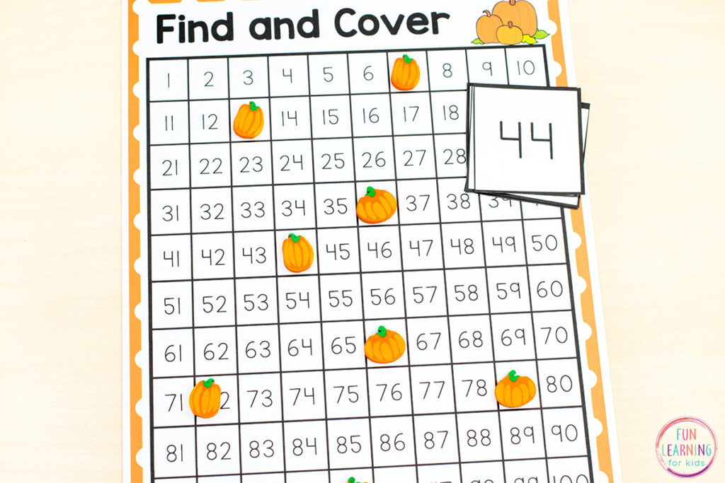 Free pumpkin theme number sense math activity for counting and identifying numbers to 100 or 120.