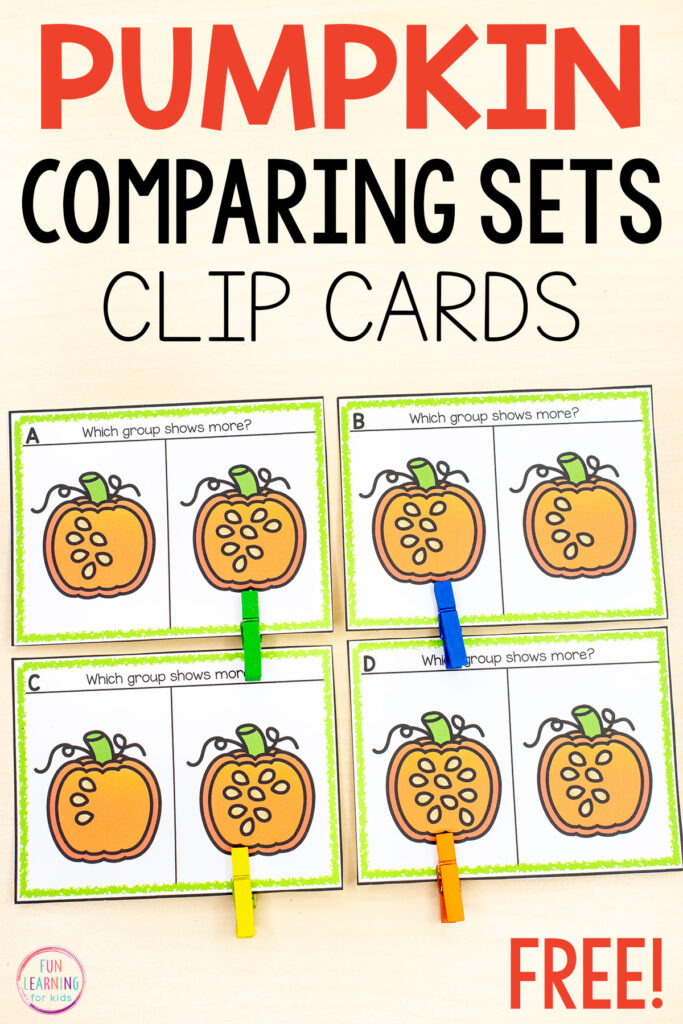 Free printable comparing sets number sense activity for fall math centers.
