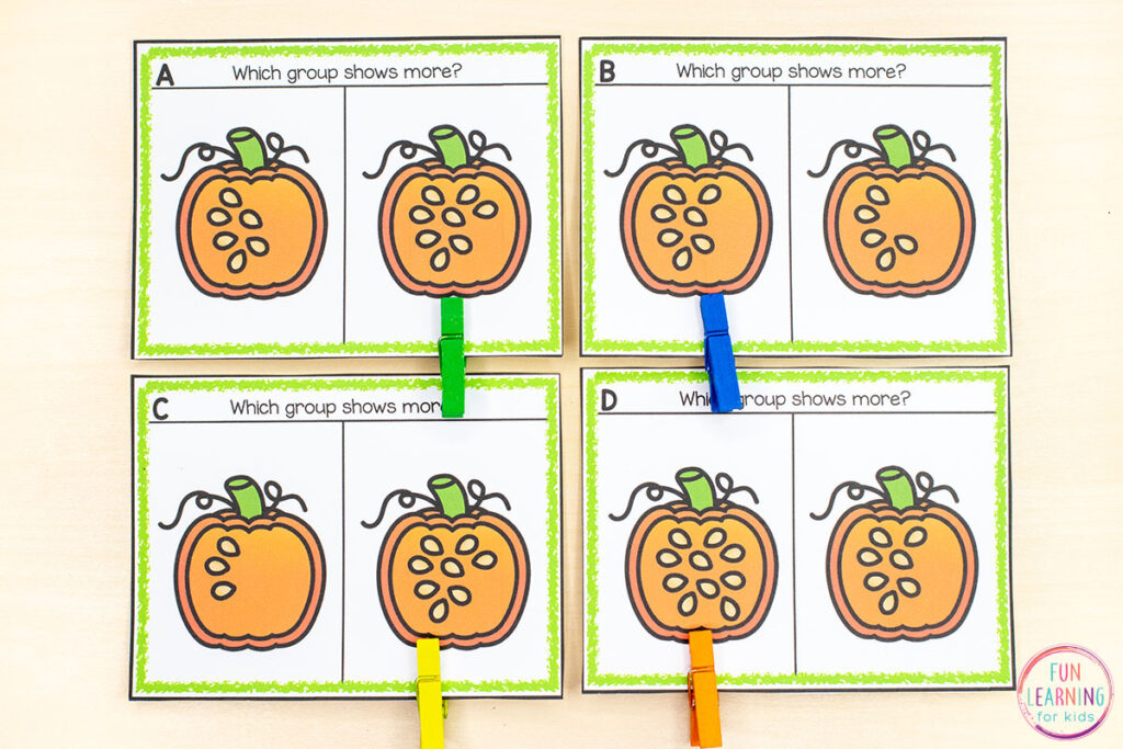 Pumpkin theme comparing numbers clip cards for math centers.