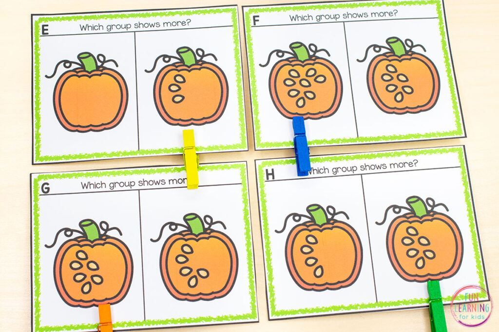 Pumpkin theme number sense activity for learning to compare numbers.