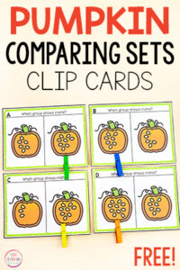 Pumpkin theme comparing numbers math activity for kids.