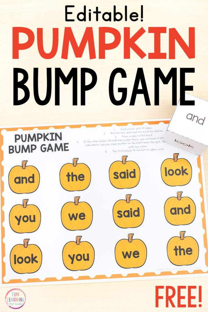 Free printable pumpkin theme sight word game for fall literacy centers.