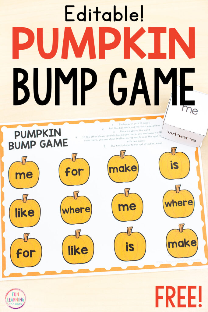 Free editable sight word game for pumpkin theme literacy centers.