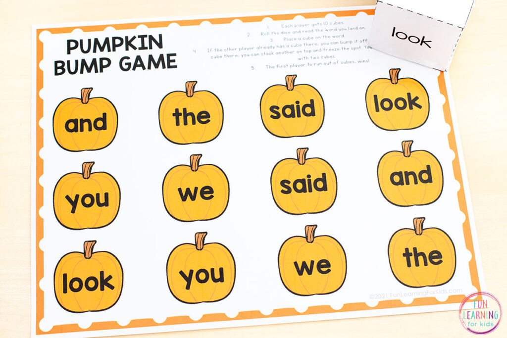 A free printable and editable pumpkin theme word work game for literacy centers this fall.