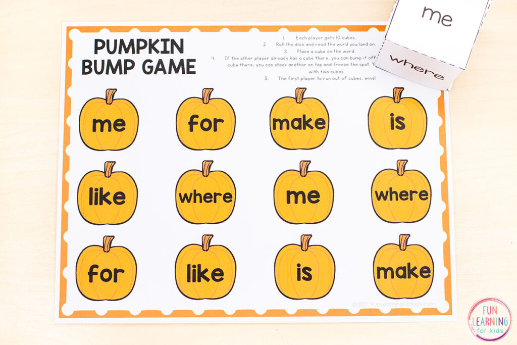 An editable sight word bump game for your pumpkin theme lesson plans.