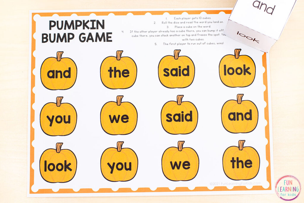 Editable word work bump game for pumpkin literacy centers in pre-k, kindergarten or first grade.