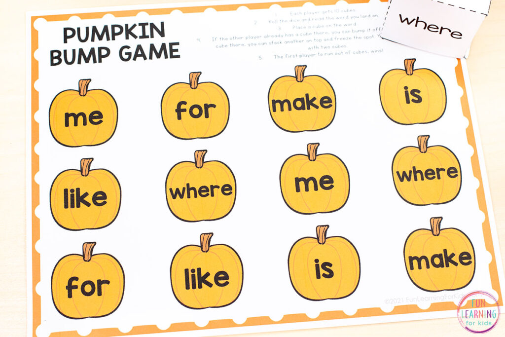A free editable word work bump game for fall literacy centers in pre-k, kindergarten and first grade.