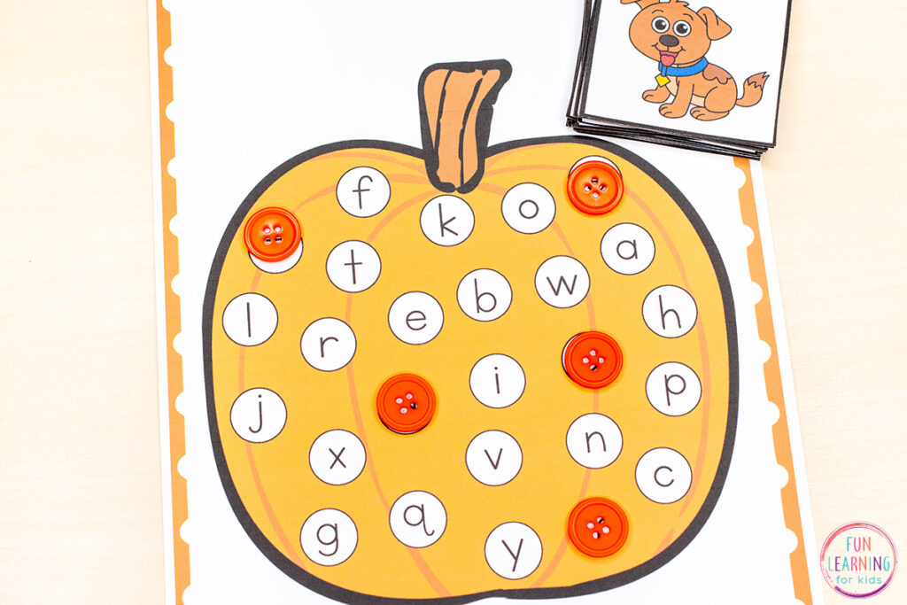 A fun printable alphabet game for your pumpkin theme literacy centers in preschool and kindergarten.