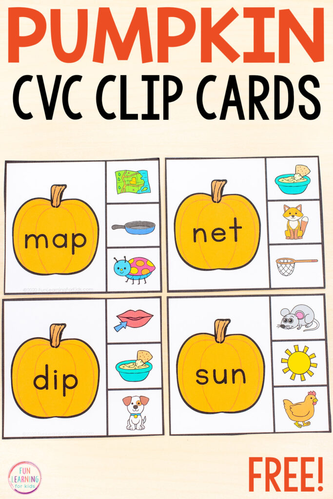 Printable pumpkin theme reading CVC words clip cards literacy activity.