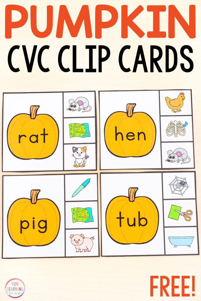 Free pumpkin theme CVC clip cards for learning to read CVC words.