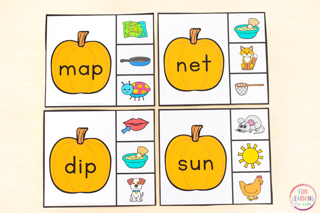 Free printable pumpkin CVC clip cards for practice with blending sounds and reading CVC words.