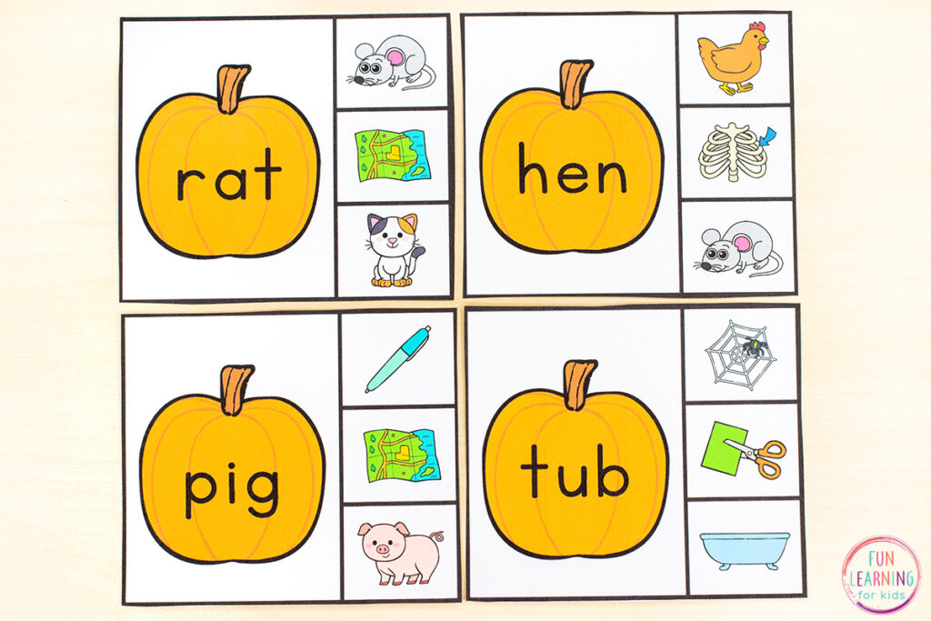 Pumpkin themed CVC clip cards reading activity for kids who are learning to read.