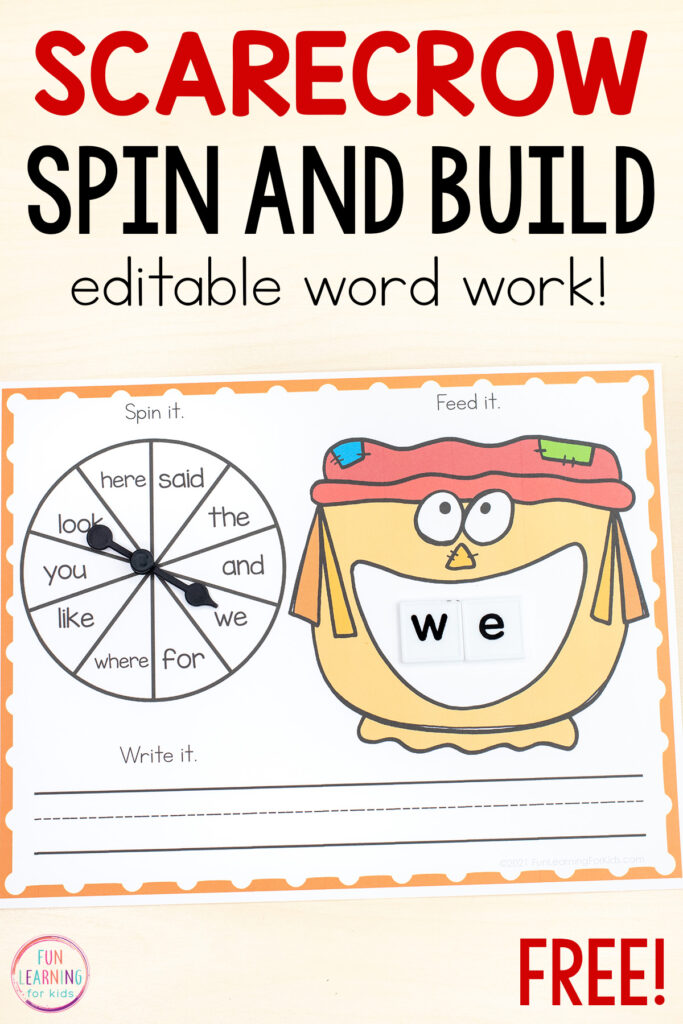 Free editable scarecrow spin and build mats for literacy and math centers this fall! Students will spin, build the word/letter/number and then write it on the handwriting lines below.