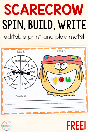 Editable Scarecrow Spin and Build Word Work Printable Mats