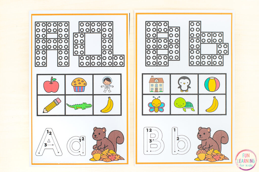 Tapetes de alfabeto com tema de queda livre para aprender letras e sons de letras na pré-escola, jardim de infância e primeira série.