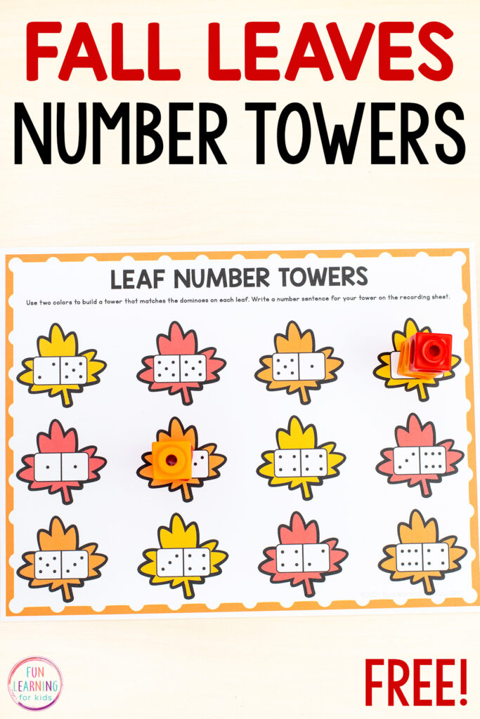 Free printable print and play math activity for fall math centers in kindergarten and first grade. Perfect for developing number sense and practicing a variety of math skills like counting, composing and decomposing numbers, writing number sentences and more.