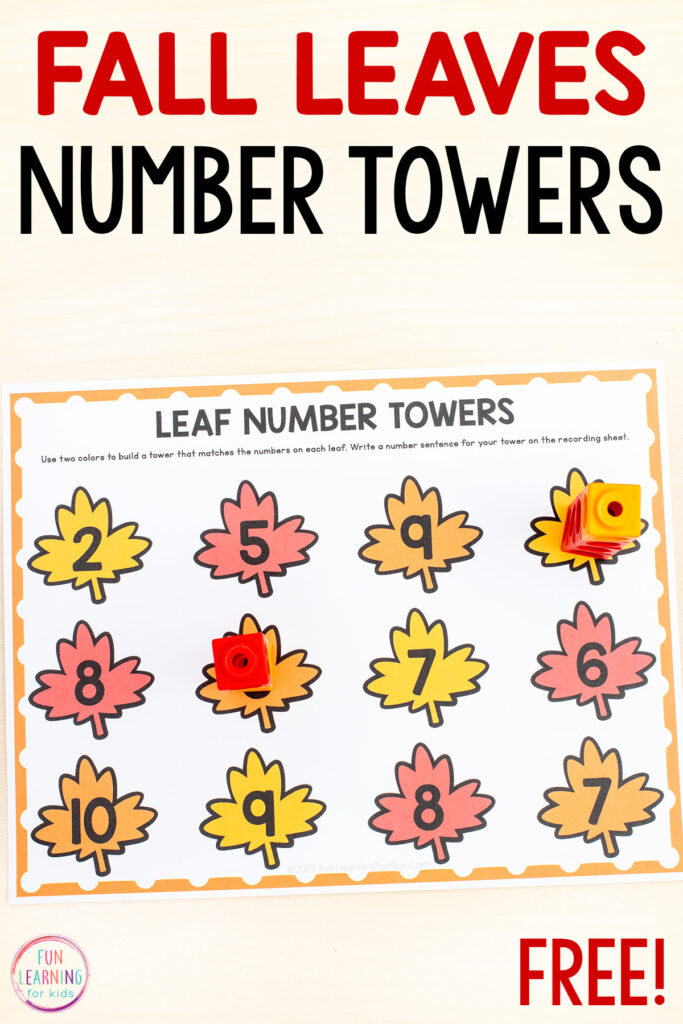 Free fall leaves number towers math activity for learning numbers, counting, composing and decomposing numbers and writing number sentences. 