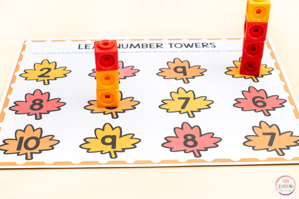 Free printable fall leaves number towers mats for learning numbers, counting, composing and decomposing numbers, and writing number sentences. 