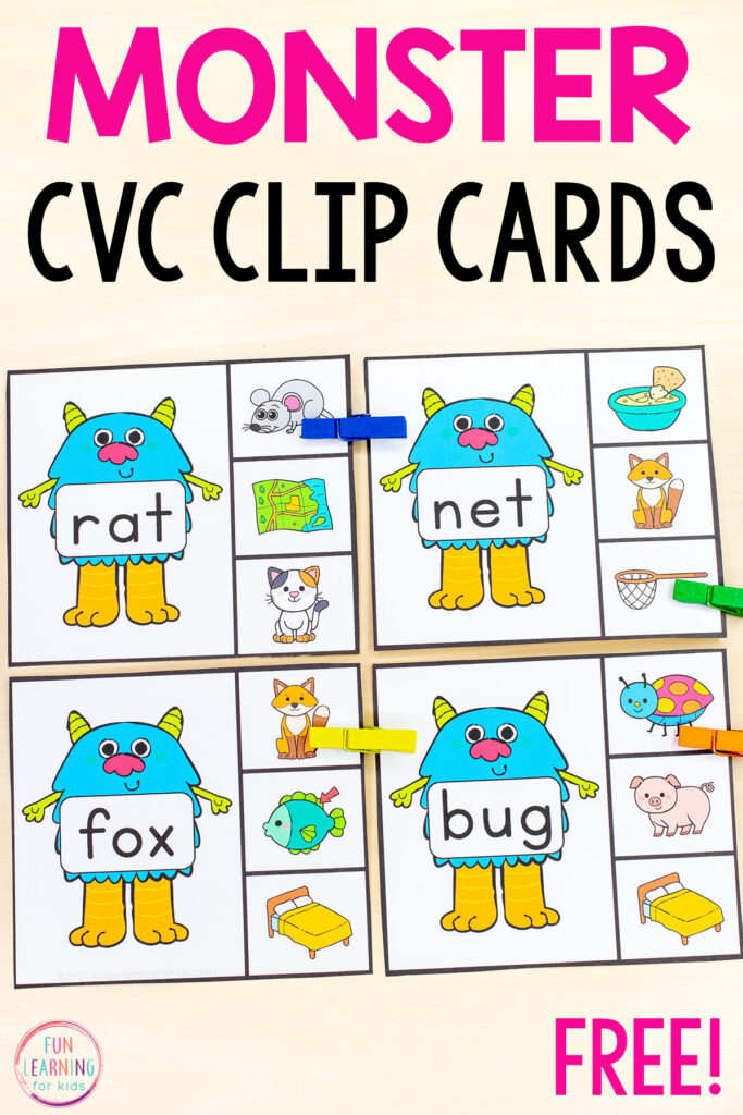 Uma atividade de palavras CVC de tema de monstro imprimível gratuita para crianças que estão aprendendo a ler palavras CVC.