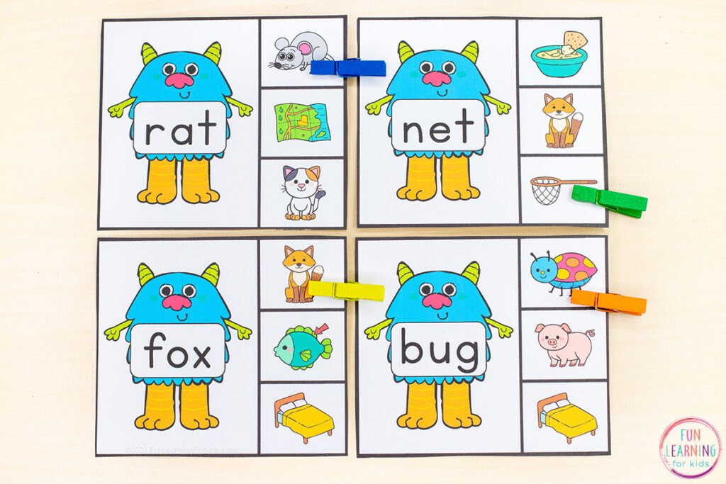 Free printable silly monster theme CVC words activity for kids.