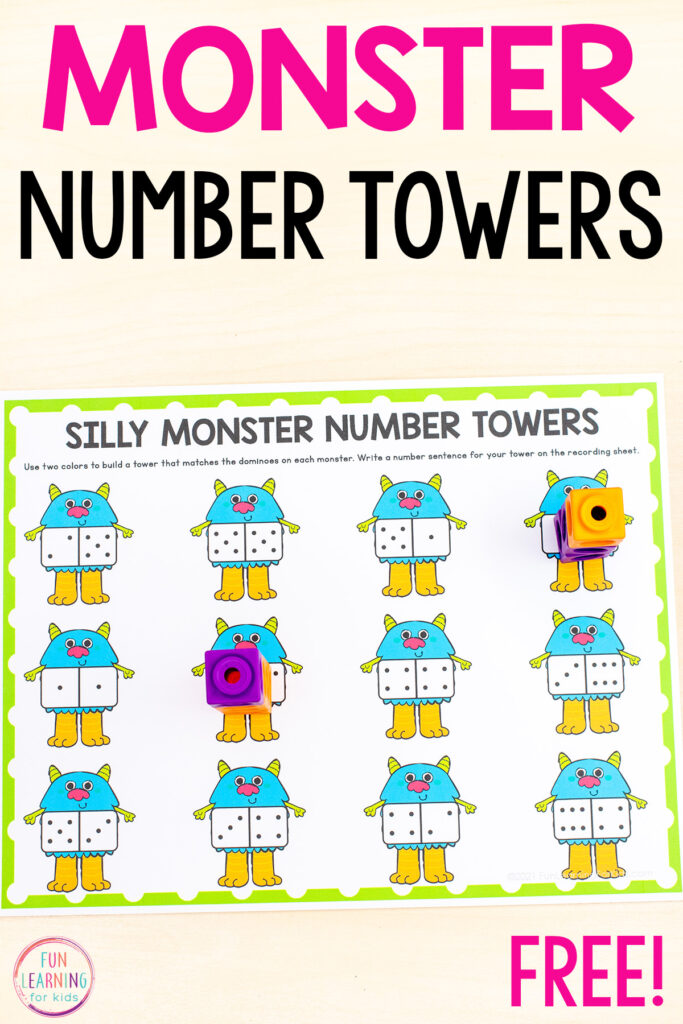 Atividade matemática de torres de números de monstros bobos para impressão gratuita para centros de matemática de Halloween na pré-escola, jardim de infância e primeira série.