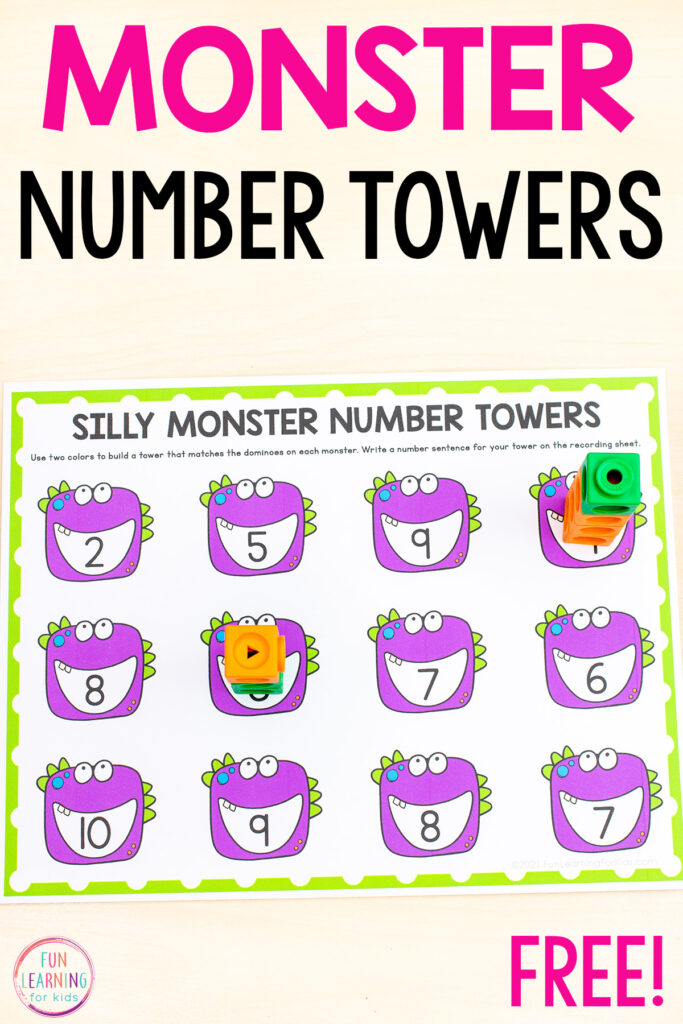 Atividade matemática de torres de números de monstros bobos para pré-escola, jardim de infância e primeira série.