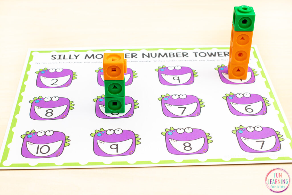 Free printable silly monster number sense activity for learning to count, add numbers and create number sentences.