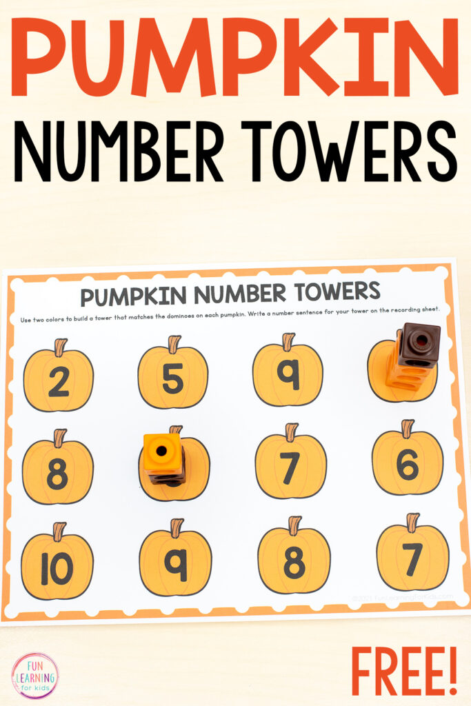 Free printable pumpkin number towers math activity for fall math centers in kindergarten or first grade. You could even use them in pre-k as well!