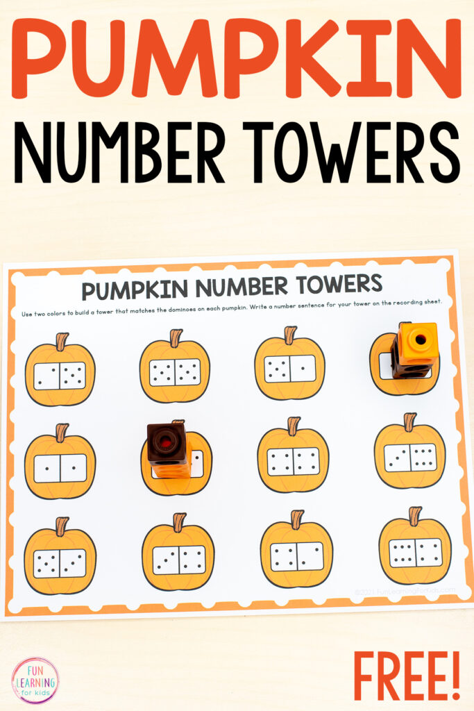 Free printable pumpkin theme math activity for fall math centers in preschool, kindergarten and first grade.
