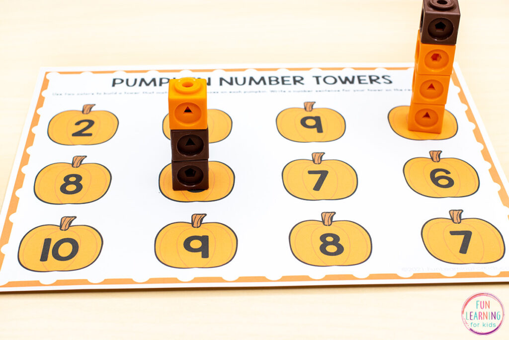Free printable pumpkin counting mats for fall math centers!