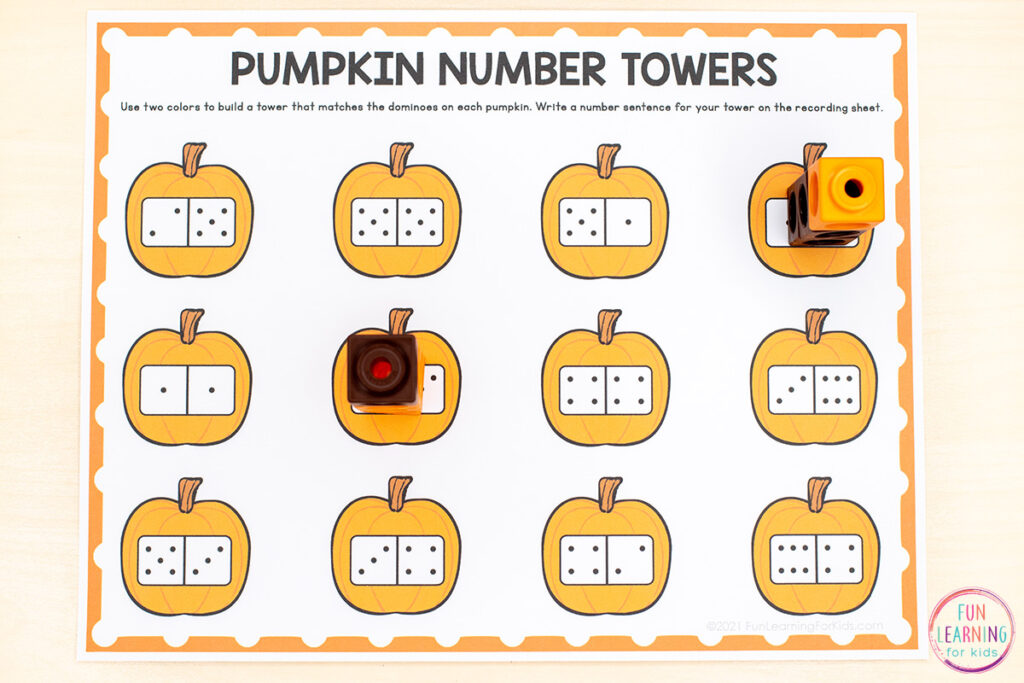 Pumpkin number towers mats for developing number sense while learning to count, subitize, add numbers and create addition sentences.