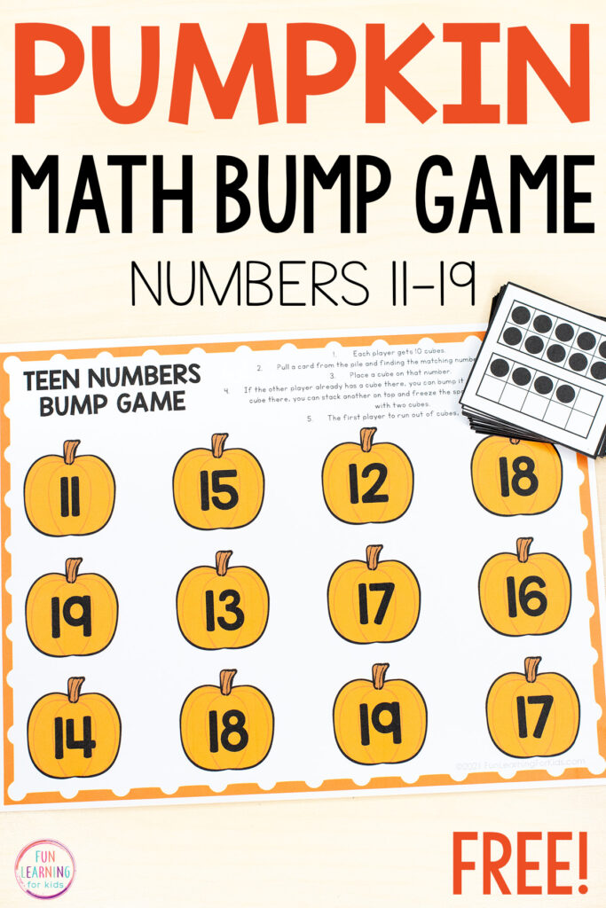 Free printable pumpkin teen numbers bump game for fall math centers.