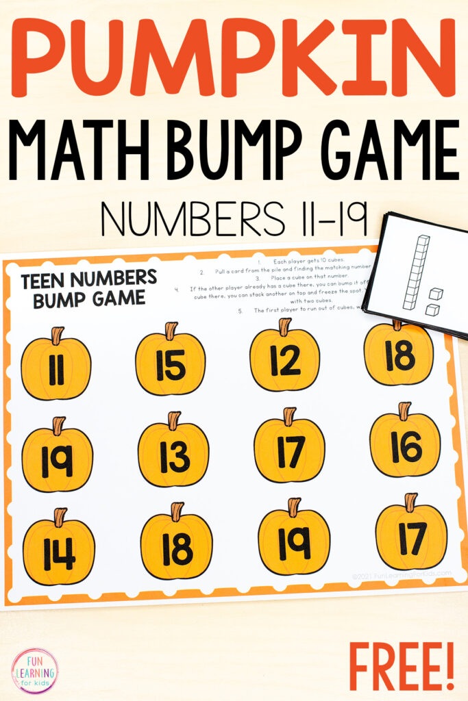 Free printable pumpkin theme math game for learning numbers 11-19 during your pumpkin theme math centers.
