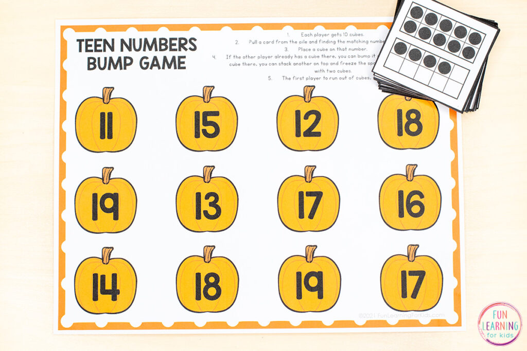 A free printable pumpkin theme math game for math centers, early finishers, small groups and more.