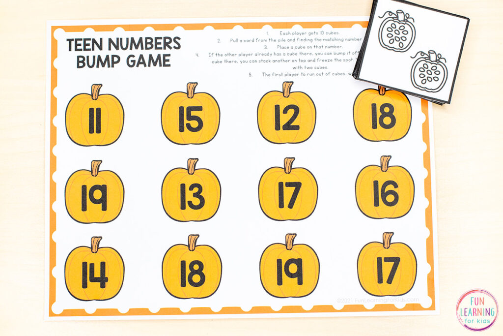 Pumpkin theme math bump game for practice with number recognition and counting while developing number sense.