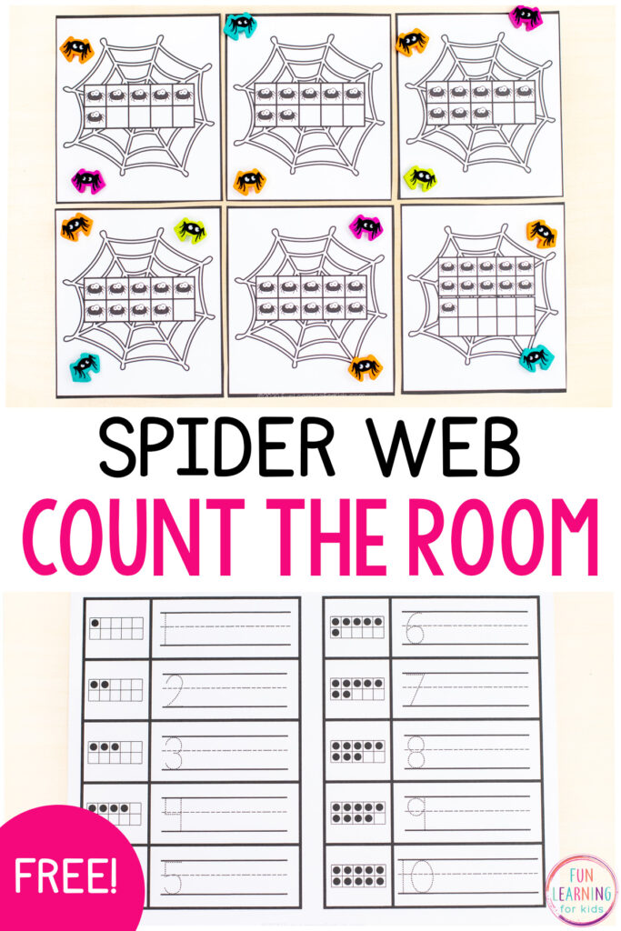 Free printable spider count the room activity for learning to count and write numbers to 20.