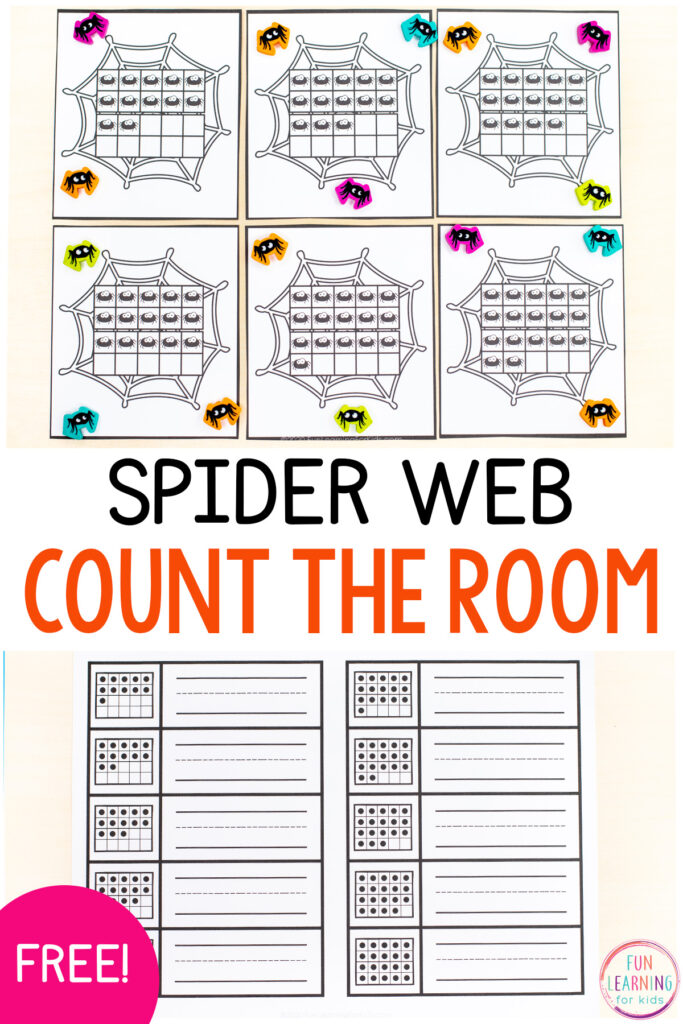 Free printable spider theme counting math activity for Halloween math centers.