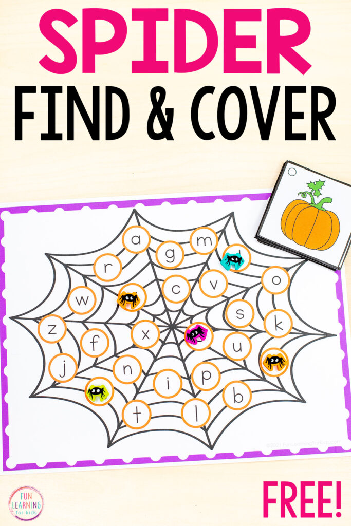 Free printable spider find and cover the letters mats for learning letter recognition, letter identification and beginning sounds isolation. 