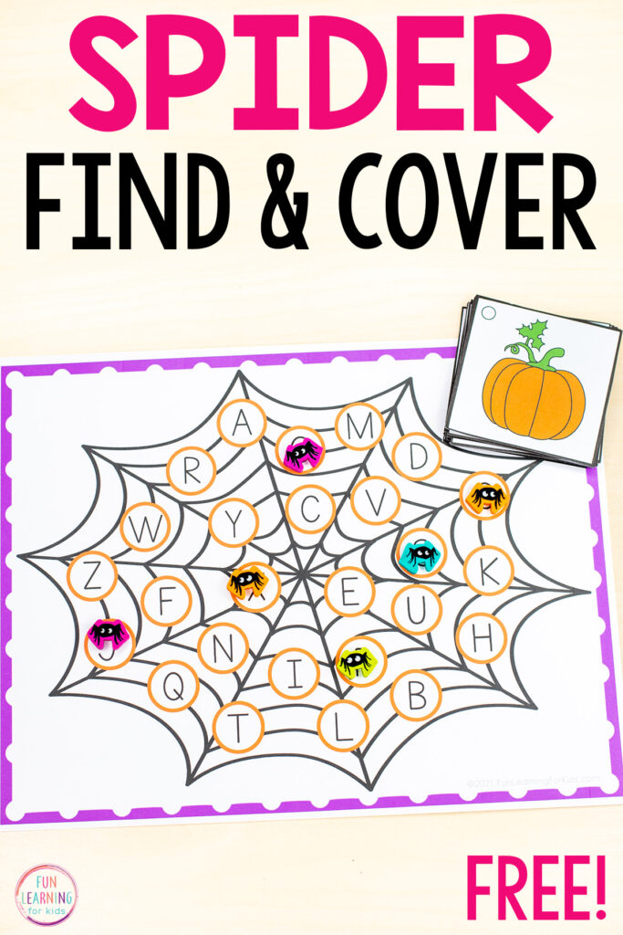 Free printable spider theme alphabet activity for literacy centers or alphabet centers.