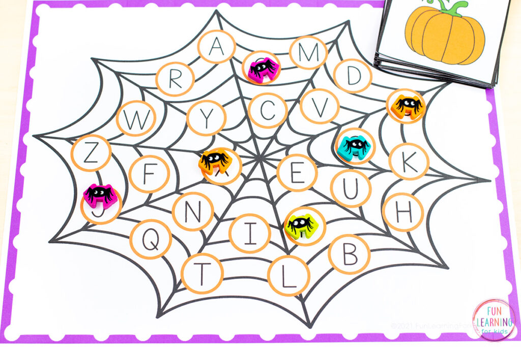 Free printable spider theme alphabet activity for pre-k, kindergarten and first grade.