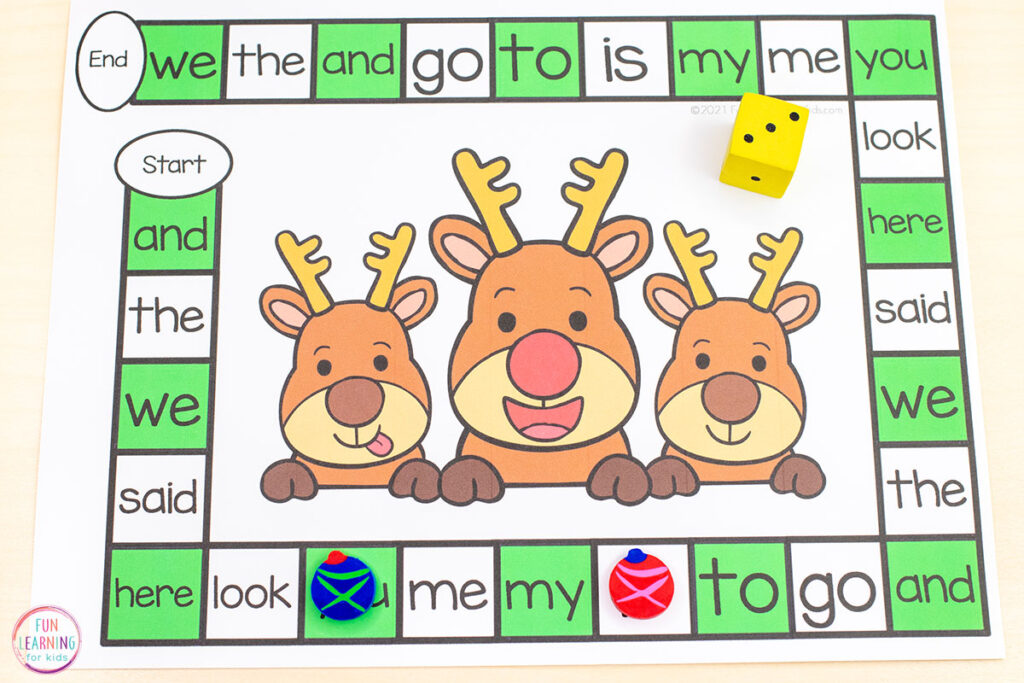 Free printable Christmas board game that you can edit. Add words, math facts, letters and more to the game board!