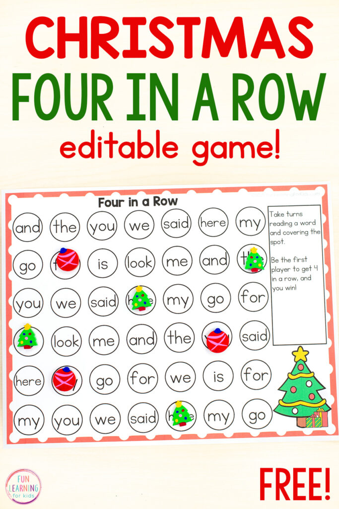 Free printable Christmas tree four in a row literacy activity that is editable.