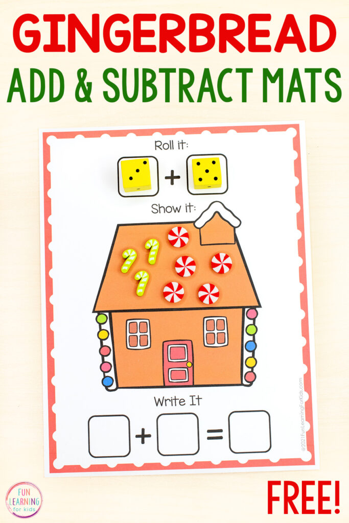 Free printable gingerbread addition and subtraction mats for math centers in preschool, kindergarten and first grade.