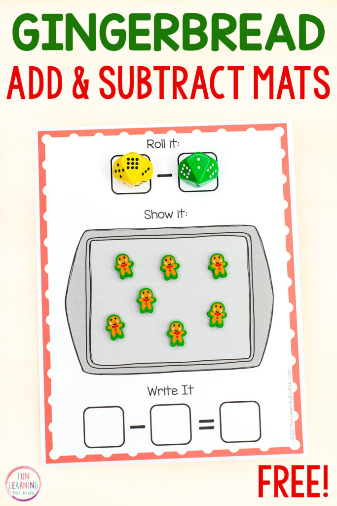 Free printable gingerbread theme math activity for learning addition and subtraction and l